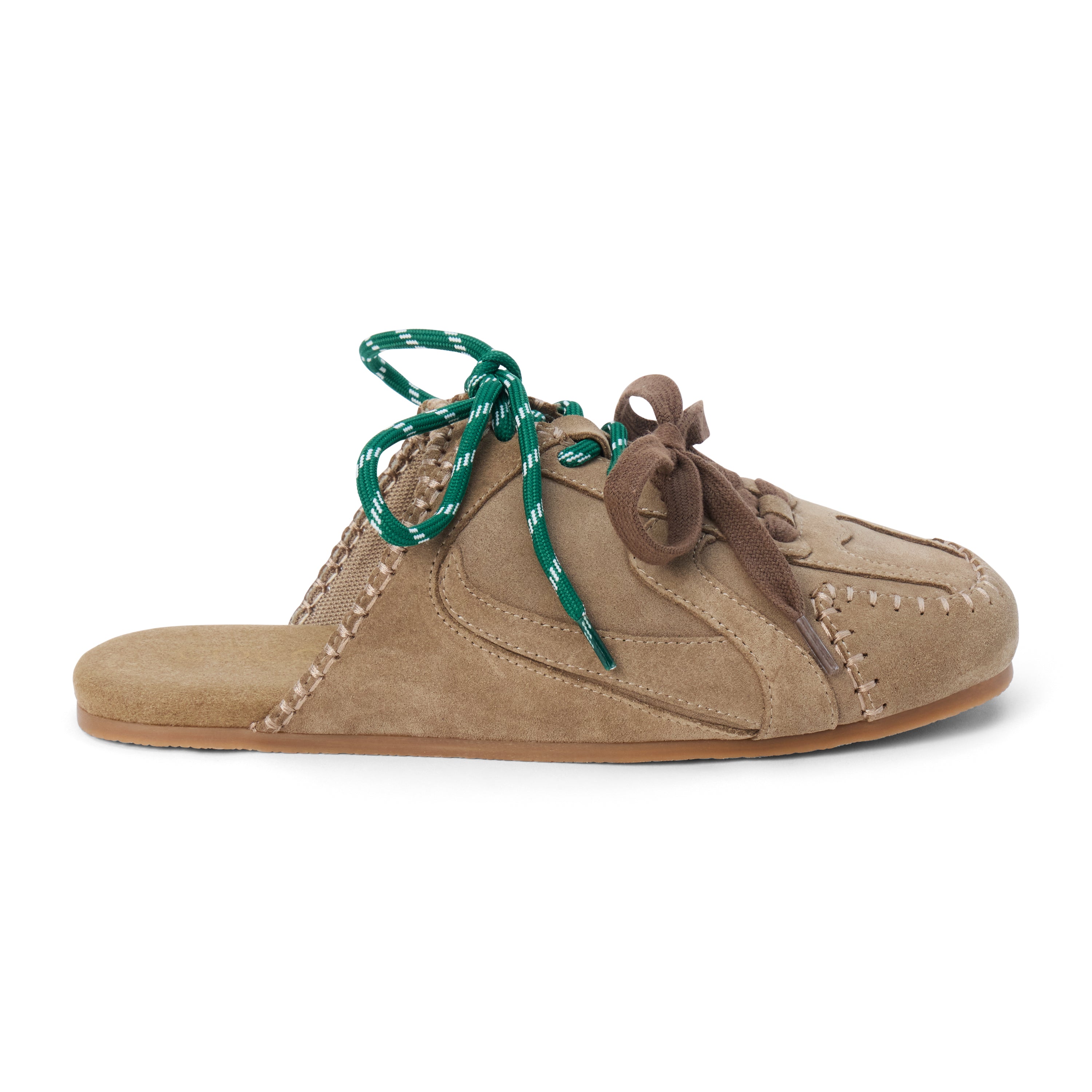Taupe suede sneaker mule with green and brown laces, stitched detailing, and a flat sole shown on a white background.