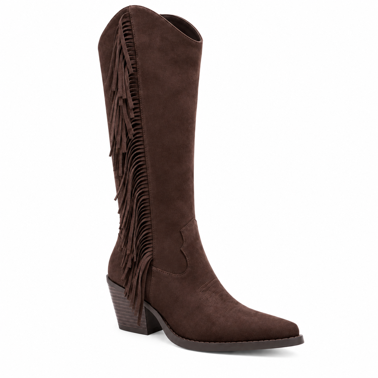 Vegan brown faux suede knee-high Western boot with long side fringe, a pointed toe, curved shaft opening, and stacked block heel shown on a white background.
