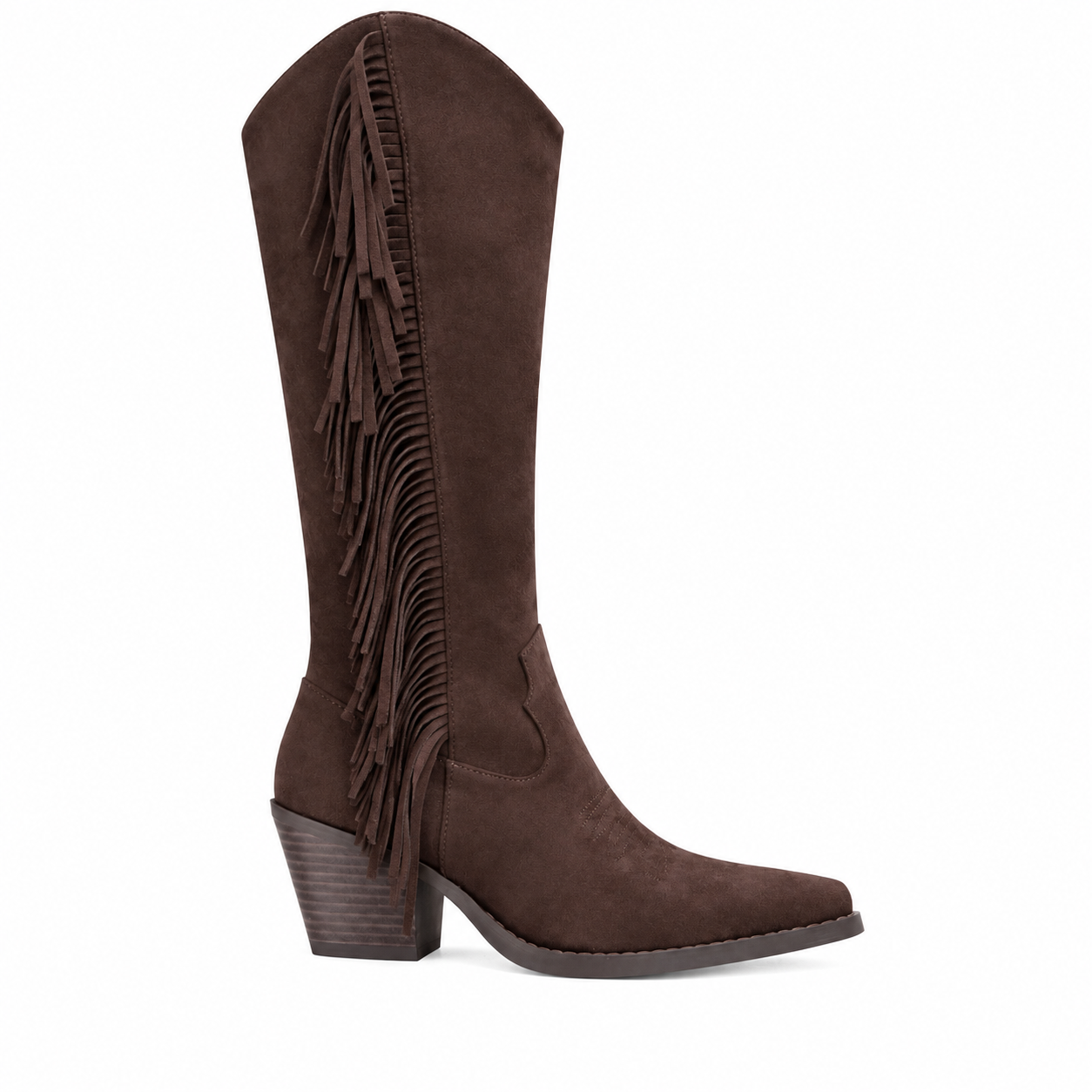 Vegan brown faux suede knee-high Western boot with long side fringe, a pointed toe, curved shaft opening, and stacked block heel shown on a white background.
