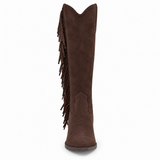 Vegan brown faux suede knee-high Western boot with long side fringe, a pointed toe, curved shaft opening, and stacked block heel shown on a white background.
