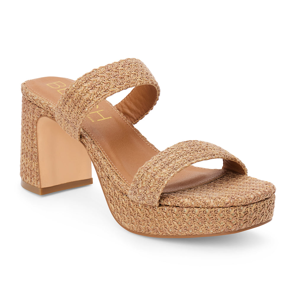 Brown woven platform sandal with dual straps and a chunky block heel, shown on a white background.