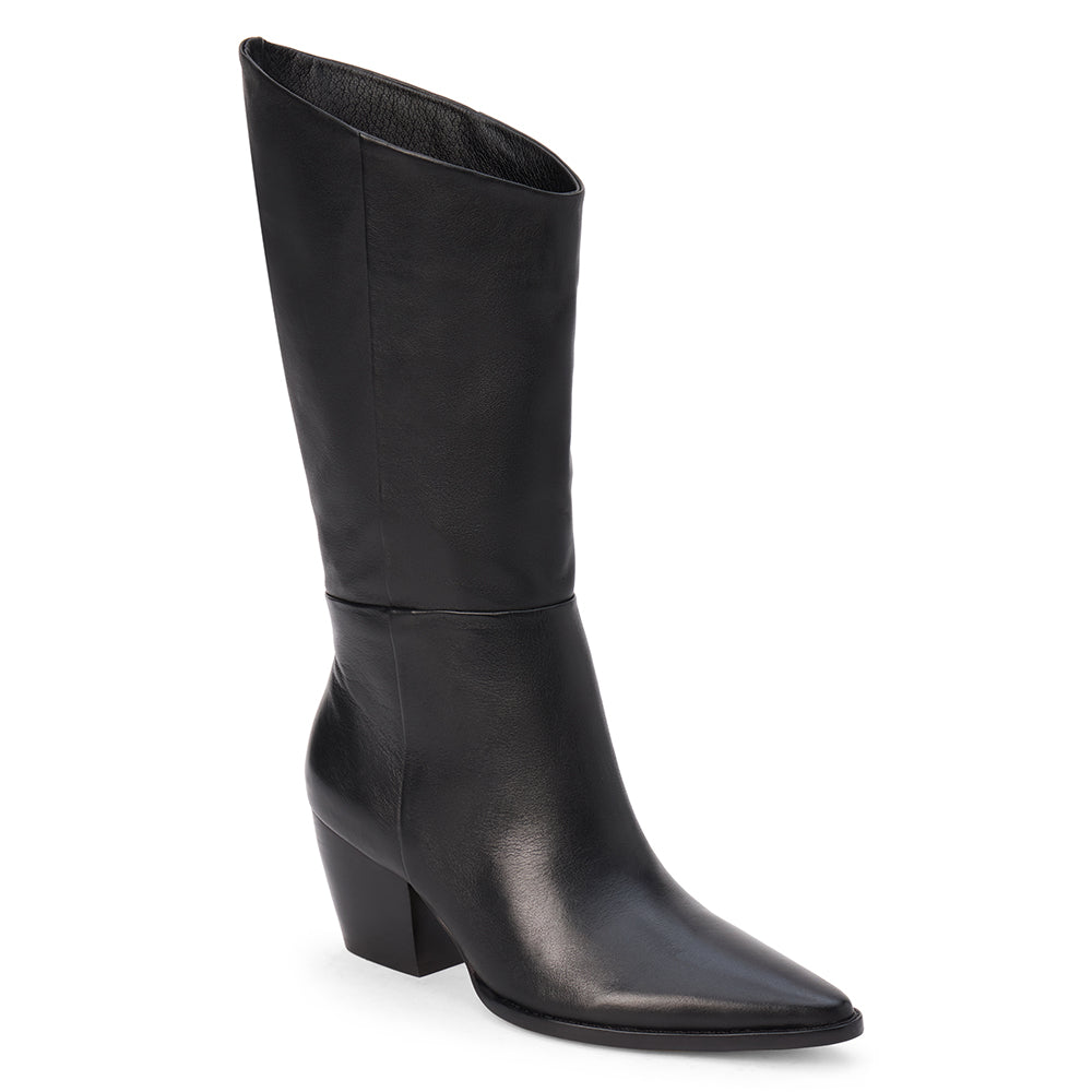 Black leather mid-calf boot with an angled shaft, pointed toe, and block heel shown on a white background.