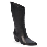 Black leather mid-calf boot with an angled shaft, pointed toe, and block heel shown on a white background.