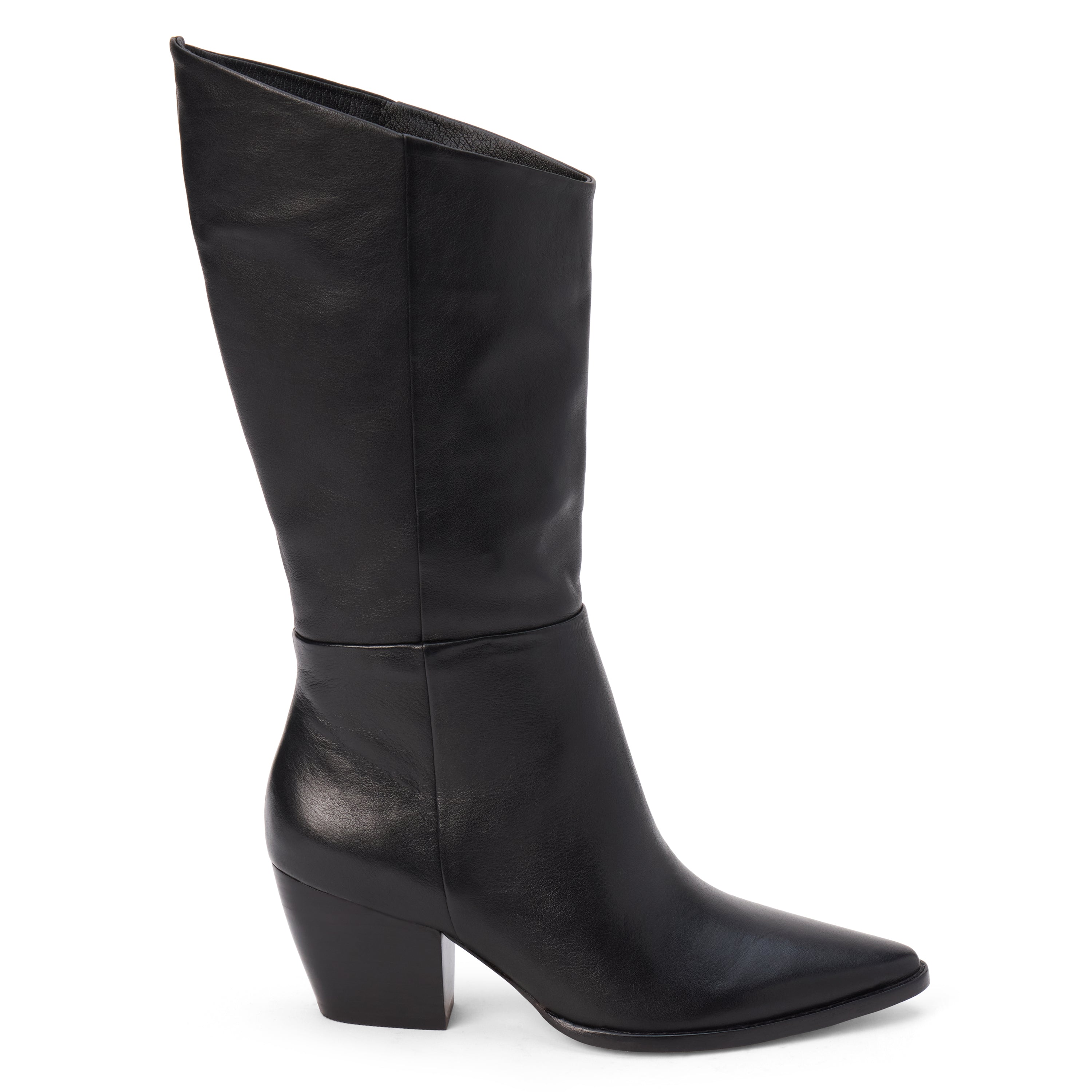 Black leather mid-calf boot with an angled shaft, pointed toe, and block heel shown on a white background.
