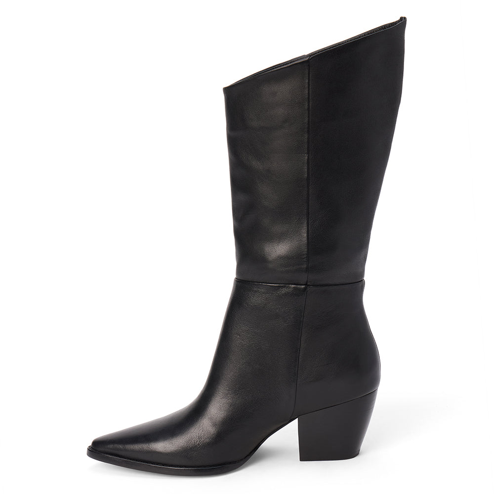 Black leather mid-calf boot with an angled shaft, pointed toe, and block heel shown on a white background.