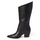 Black leather mid-calf boot with an angled shaft, pointed toe, and block heel shown on a white background.