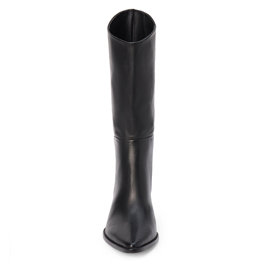 Black leather mid-calf boot with an angled shaft, pointed toe, and block heel shown on a white background.