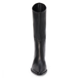 Black leather mid-calf boot with an angled shaft, pointed toe, and block heel shown on a white background.