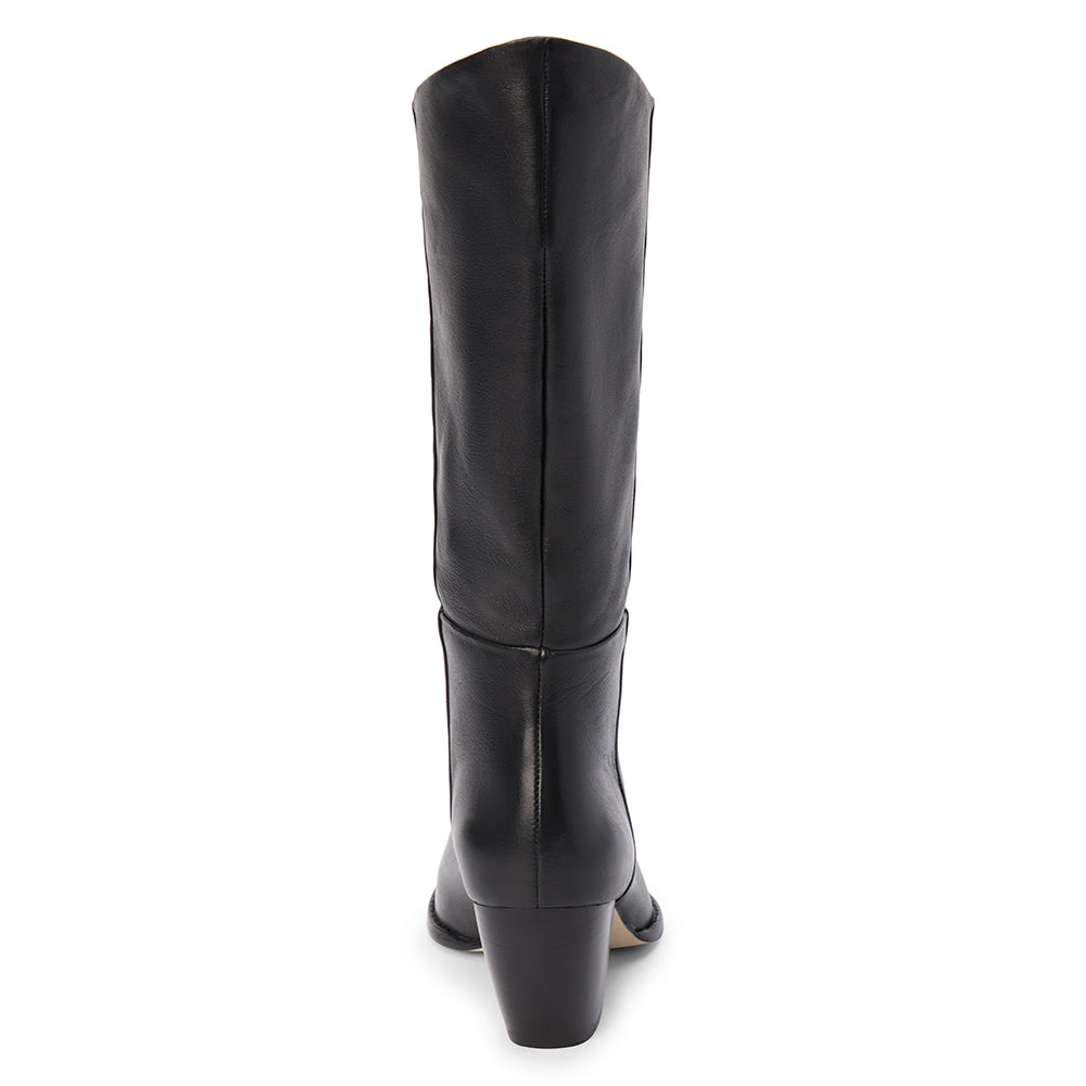Black leather mid-calf boot with an angled shaft, pointed toe, and block heel shown on a white background.