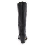 Black leather mid-calf boot with an angled shaft, pointed toe, and block heel shown on a white background.