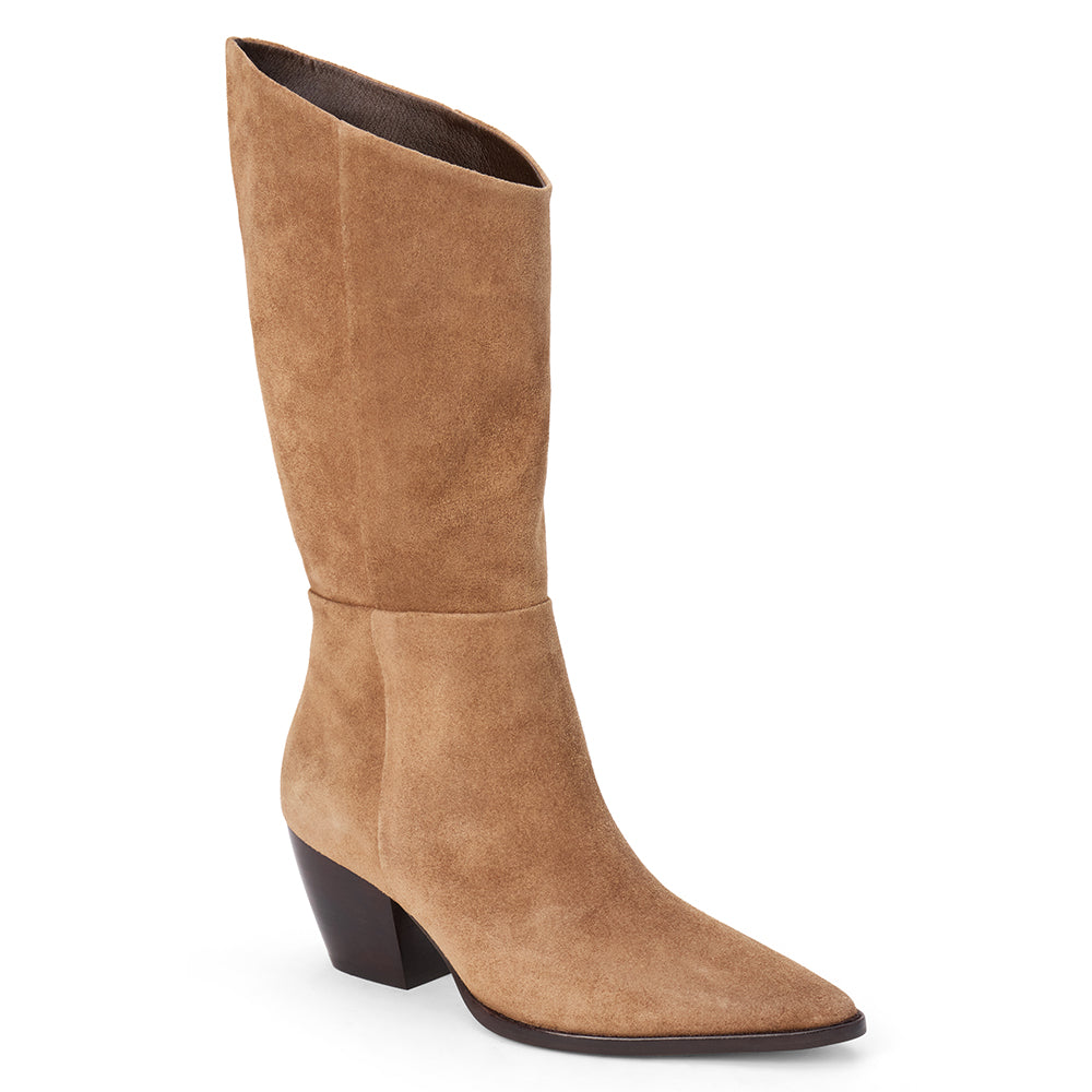 Brown suede mid-calf boot with an angled shaft, pointed toe, and block heel shown on a white background.
