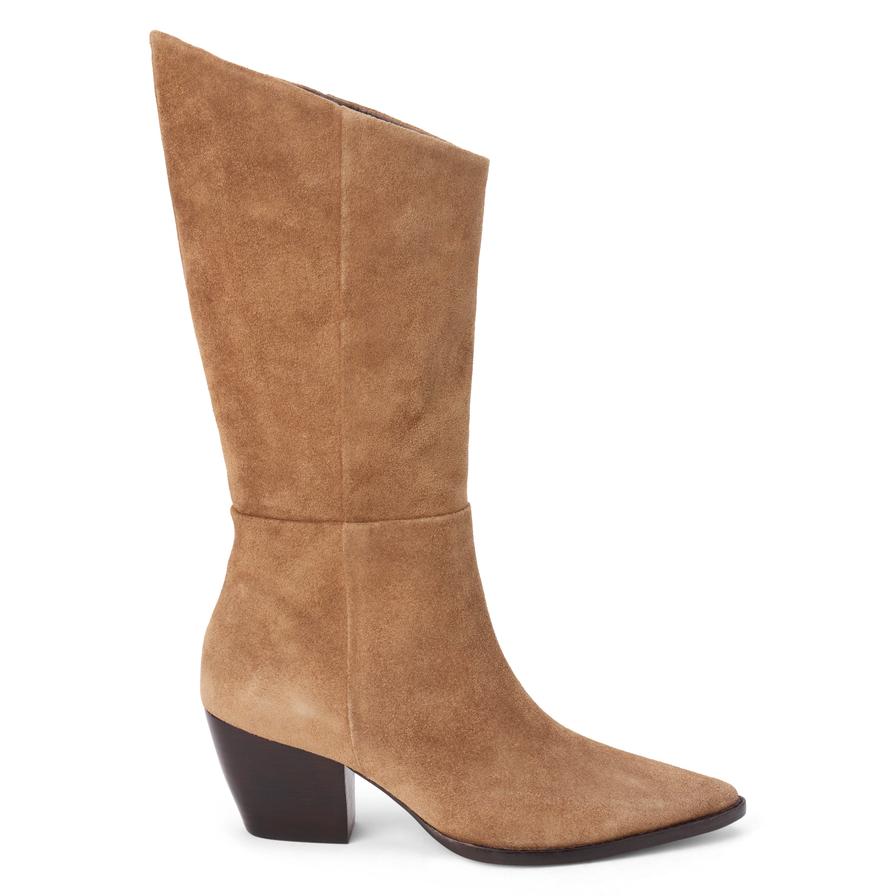 Brown suede mid-calf boot with an angled shaft, pointed toe, and block heel shown on a white background.