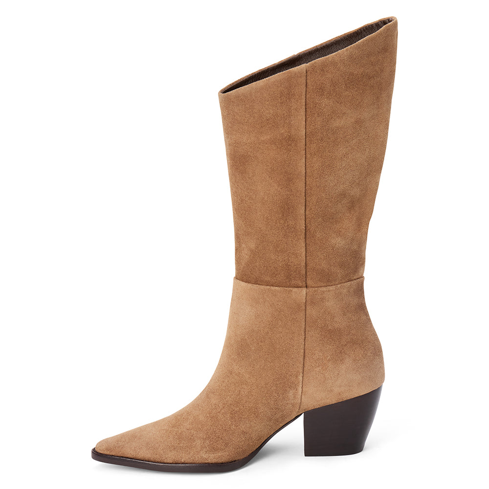 Brown suede mid-calf boot with an angled shaft, pointed toe, and block heel shown on a white background.