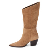 Brown suede mid-calf boot with an angled shaft, pointed toe, and block heel shown on a white background.