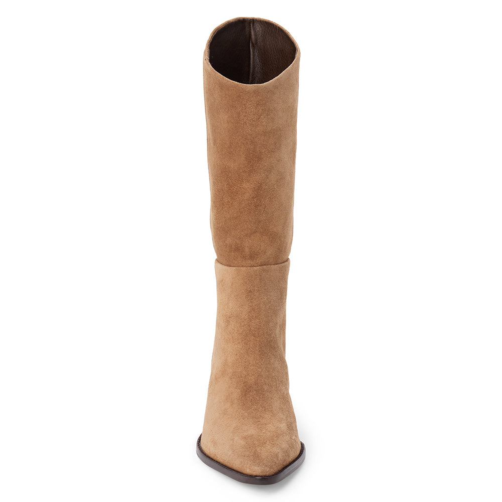 Brown suede mid-calf boot with an angled shaft, pointed toe, and block heel shown on a white background.