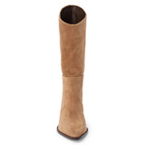 Brown suede mid-calf boot with an angled shaft, pointed toe, and block heel shown on a white background.