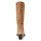 Brown suede mid-calf boot with an angled shaft, pointed toe, and block heel shown on a white background.