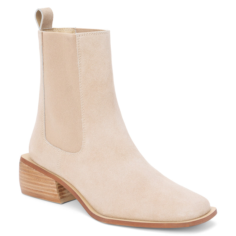 Effie Chelsea Boot – Coconuts by Matisse – Light beige suede Chelsea boot with elastic side panels and stacked wood heel.