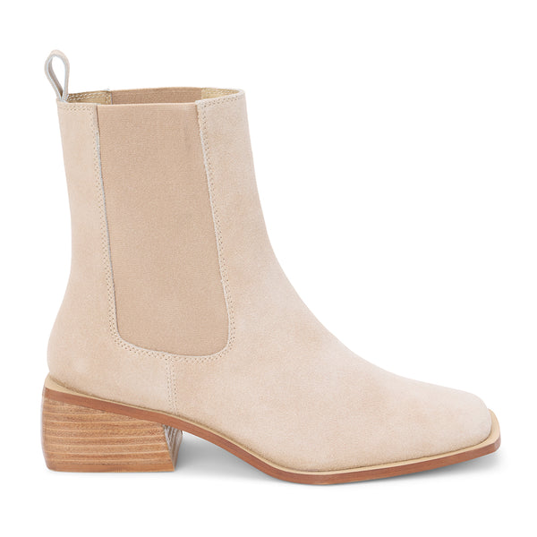 Effie Chelsea Boot – Coconuts by Matisse – Light beige suede Chelsea boot with elastic side panels and stacked wood heel.