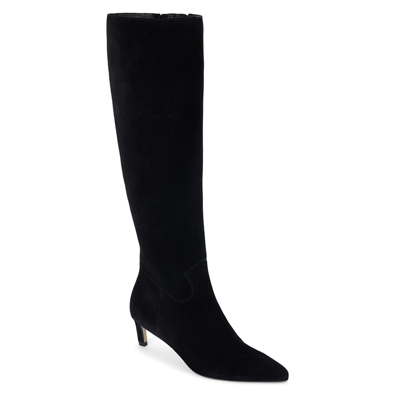 Elevate Knee-High Boot – Matisse Footwear – Black suede knee-high boot with pointed toe and low kitten heel.