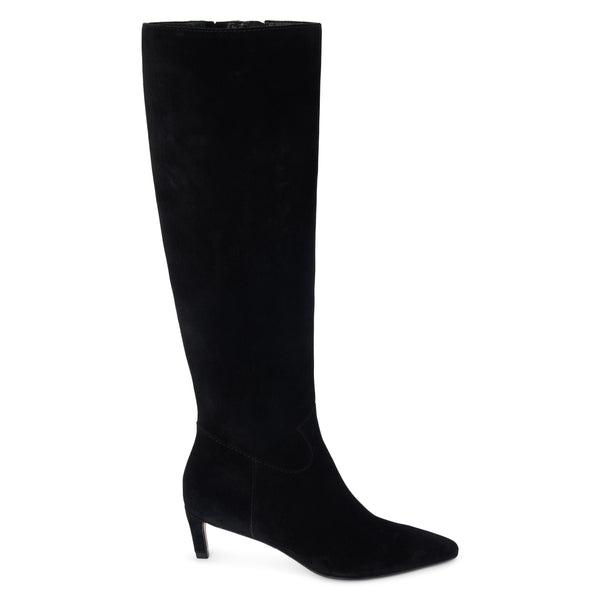 Elevate Knee-High Boot – Matisse Footwear – Black suede knee-high boot with pointed toe and low kitten heel.