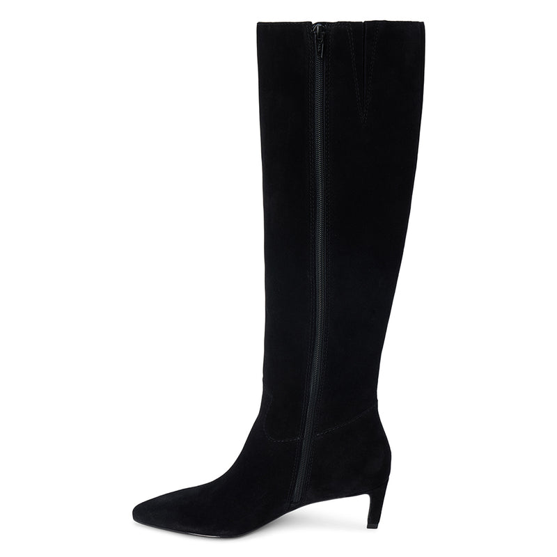 Elevate Knee-High Boot – Matisse Footwear – Black suede knee-high boot with pointed toe and low kitten heel.