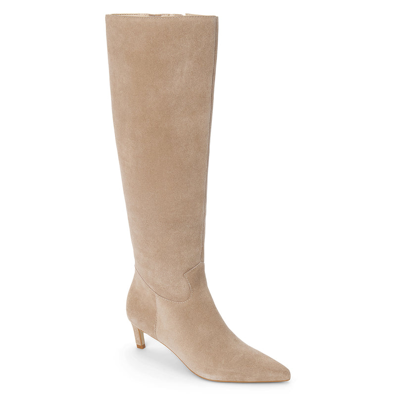 Elevate Knee-High Boot – Matisse Footwear – Neutral suede knee-high boot with pointed toe and low kitten heel.