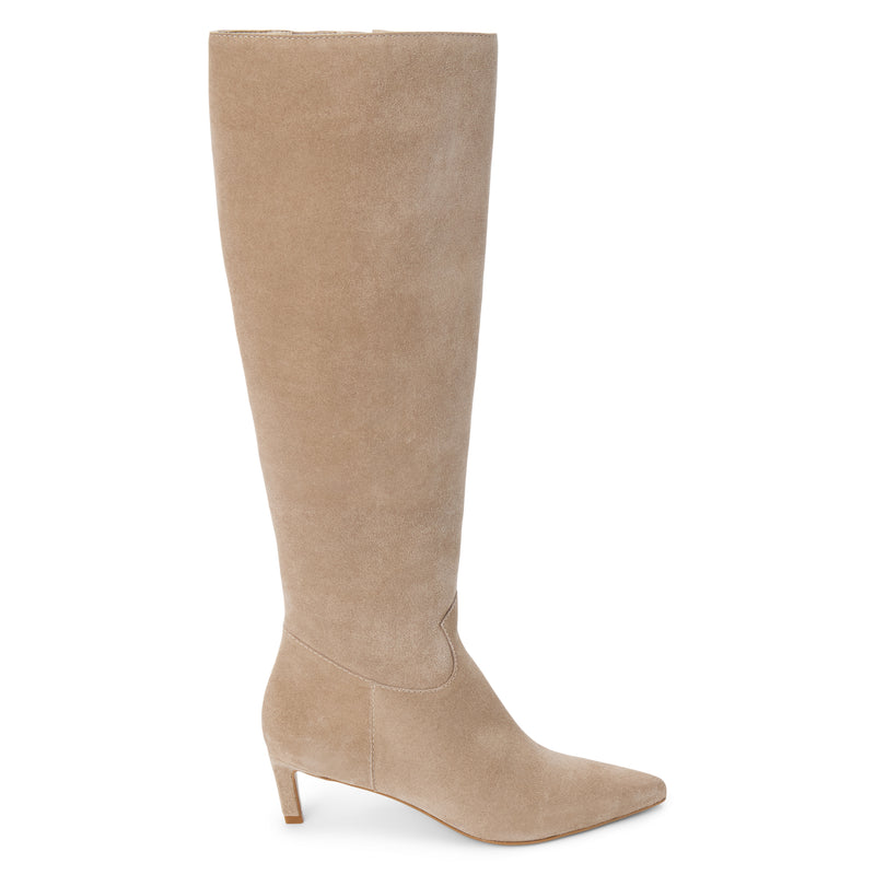 Elevate Knee-High Boot – Matisse Footwear – Neutral suede knee-high boot with pointed toe and low kitten heel.