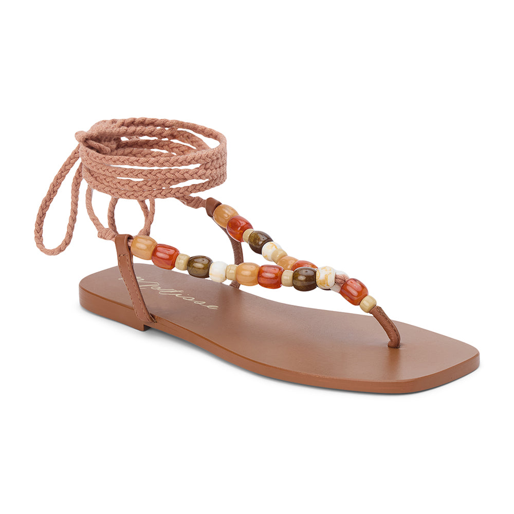 Tan thong sandal with braided ankle wrap straps and multicolor bead accents shown on a white background.
