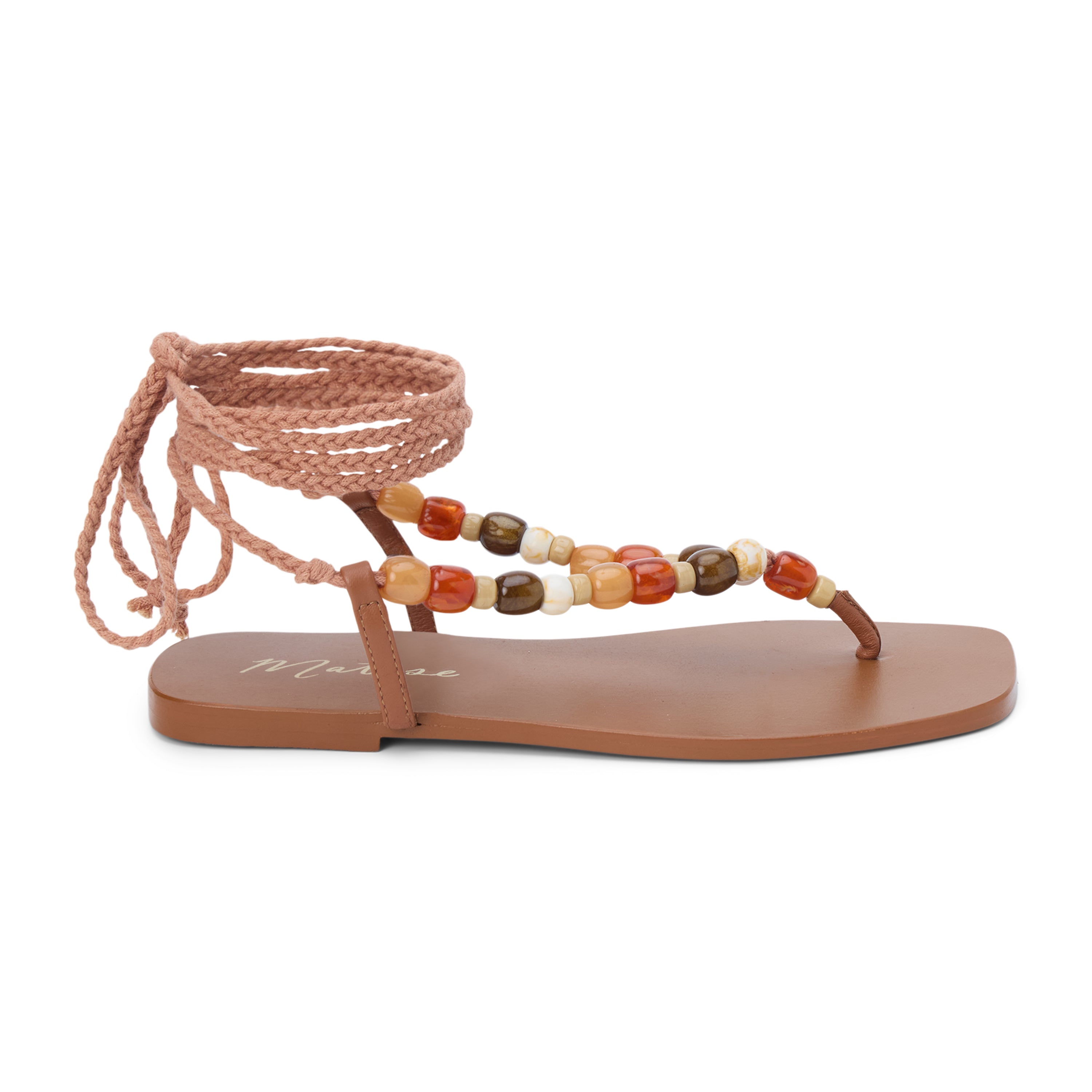 Tan thong sandal with braided ankle wrap straps and multicolor bead accents shown on a white background.