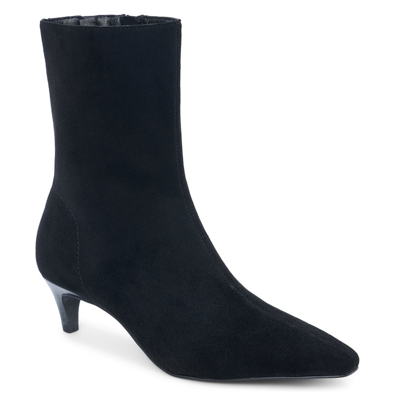 Esther Vegan Ankle Boot – Coconuts by Matisse – Black almond toe bootie with faux suede finish and low kitten heel.