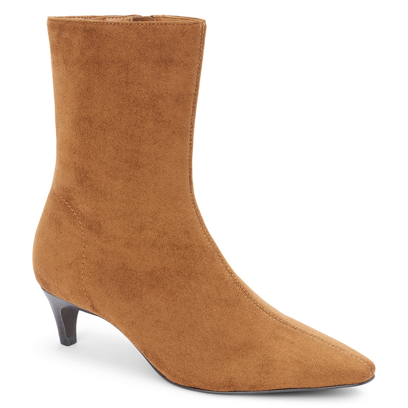 Esther Vegan Ankle Boot – Coconuts by Matisse – Tan almond toe bootie with faux suede finish and low kitten heel.