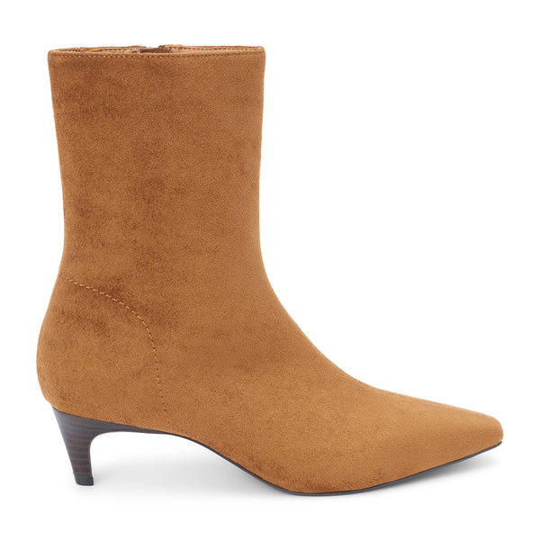 Esther Vegan Ankle Boot – Coconuts by Matisse – Tan almond toe bootie with faux suede finish and low kitten heel.