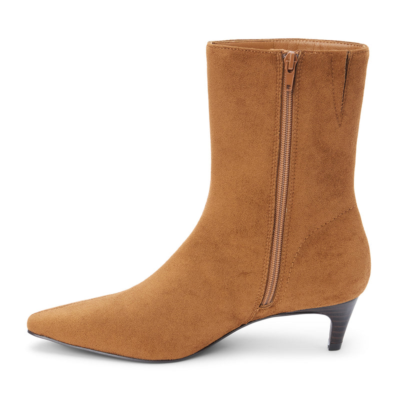 Esther Vegan Ankle Boot – Coconuts by Matisse – Tan almond toe bootie with faux suede finish and low kitten heel.
