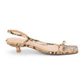 Tan snake-print vegan kitten heel sandal with slim straps, square toe, and low heel, shown on a white background.