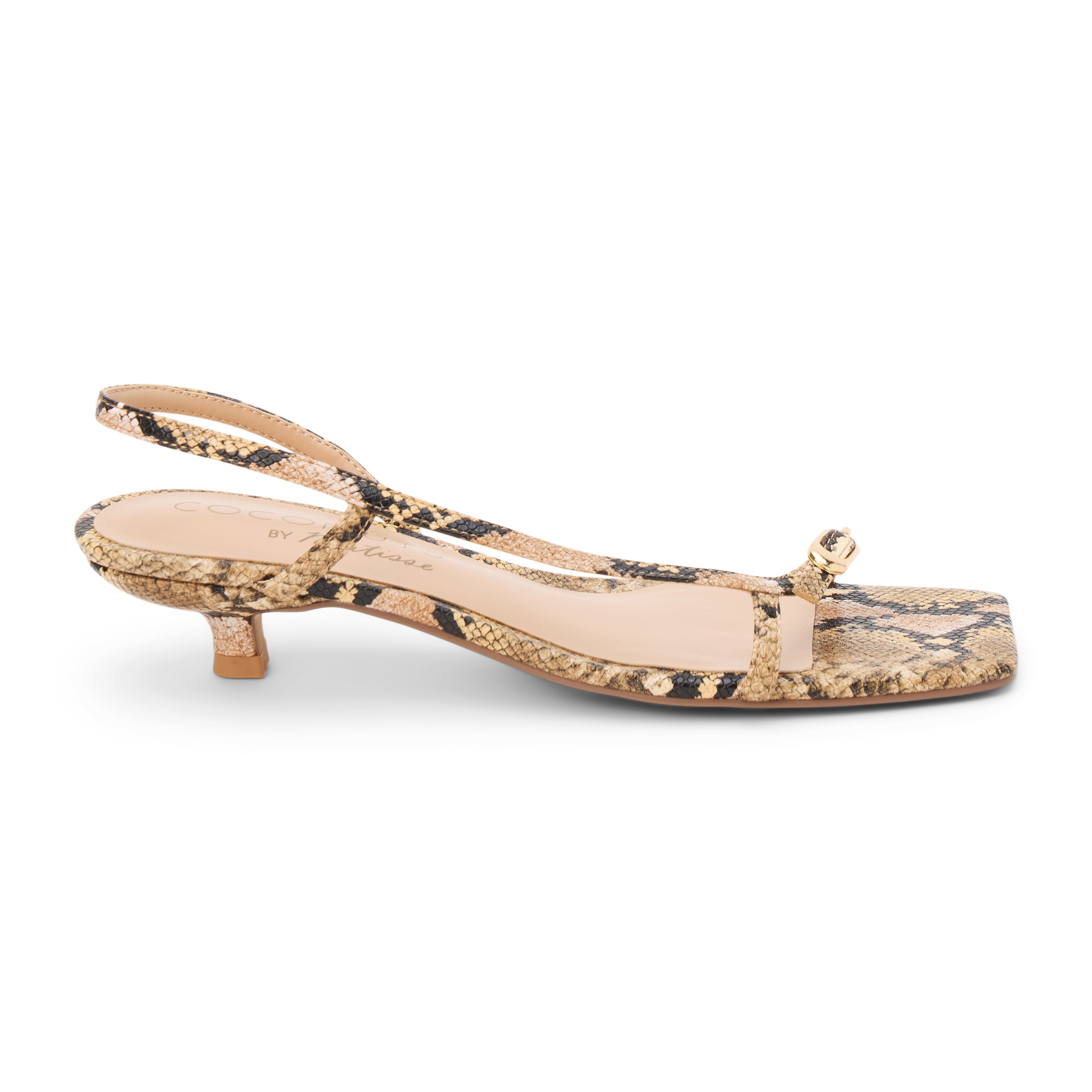 Tan snake-print vegan kitten heel sandal with slim straps, square toe, and low heel, shown on a white background.