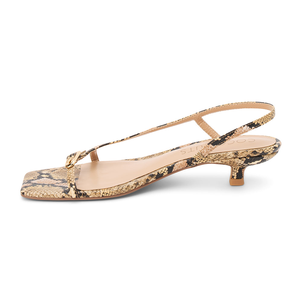 Tan snake-print vegan kitten heel sandal with slim straps, square toe, and low heel, shown on a white background.