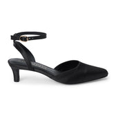 Vegan black satin heel with a pointed toe, low slender heel, open sides, and adjustable ankle strap shown on a white background.