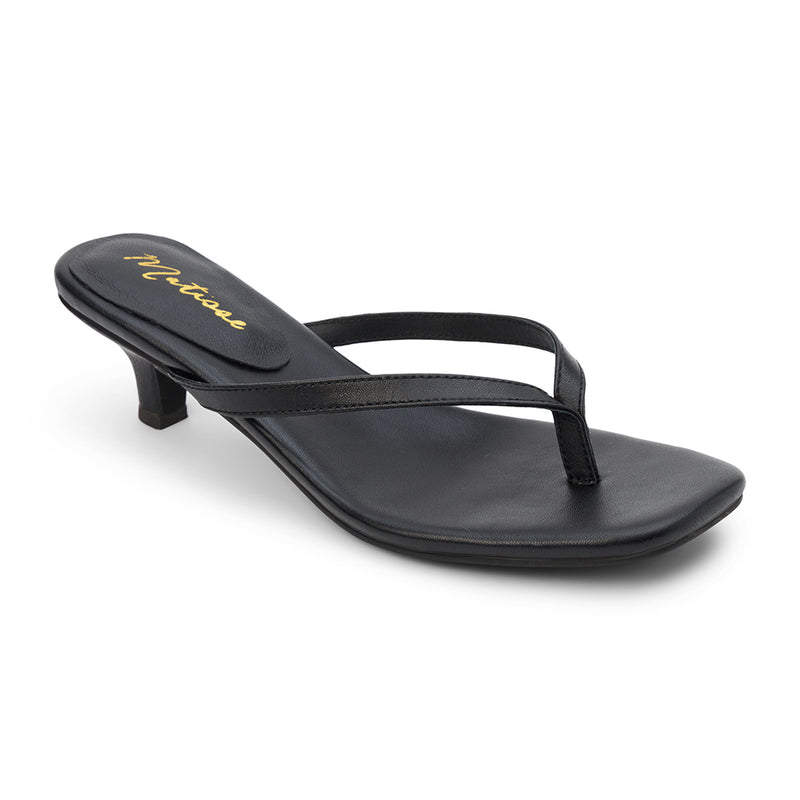 Foster Heeled Sandal - Matisse Footwear - Black leather thong sandals with a square toe, cushioned footbed, and sleek kitten heel. A minimalist yet sophisticated design perfect for effortless day-to-night styling.
