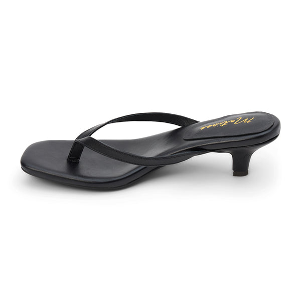 Foster Heeled Sandal - Matisse Footwear - Black leather thong sandals with a square toe, cushioned footbed, and sleek kitten heel. A minimalist yet sophisticated design perfect for effortless day-to-night styling.