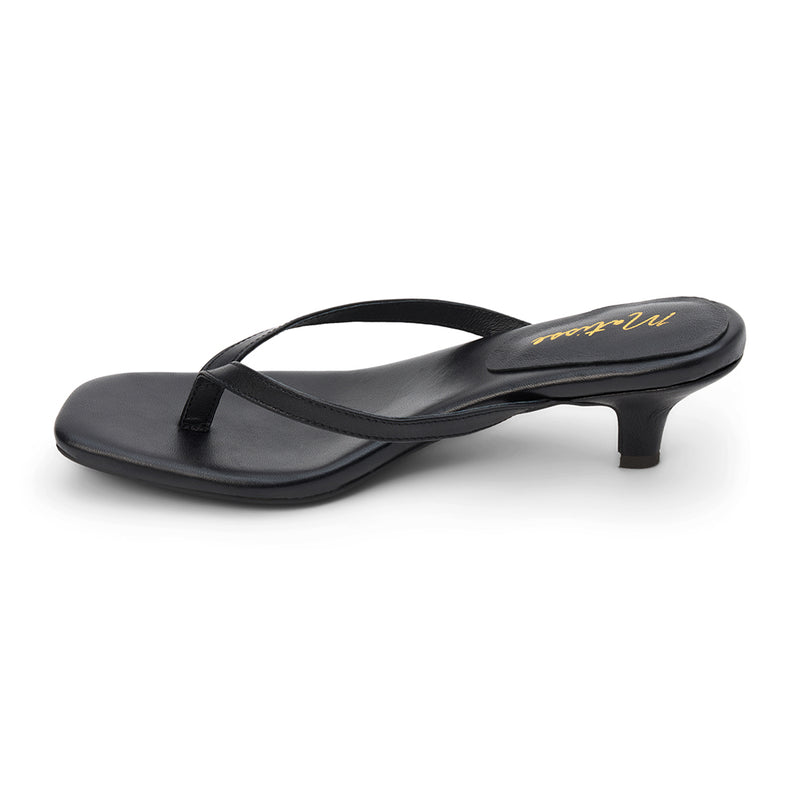 Foster Heeled Sandal - Matisse Footwear - Black leather thong sandals with a square toe, cushioned footbed, and sleek kitten heel. A minimalist yet sophisticated design perfect for effortless day-to-night styling.