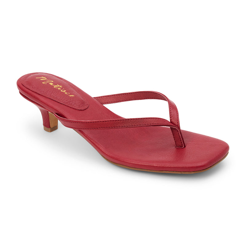 Foster Heeled Sandal - Matisse Footwear - Red leather thong sandals with a square toe, cushioned footbed, and sleek kitten heel. A minimalist yet sophisticated design perfect for effortless day-to-night styling.
