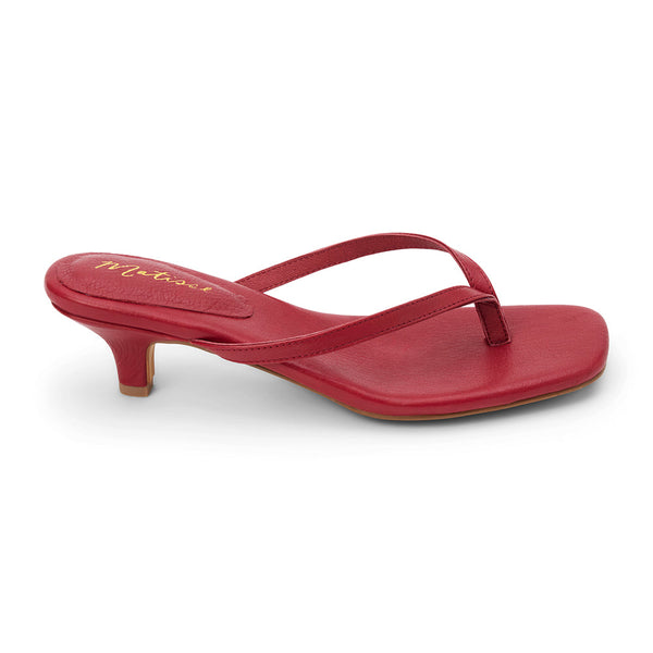 Foster Heeled Sandal - Matisse Footwear - Red leather thong sandals with a square toe, cushioned footbed, and sleek kitten heel. A minimalist yet sophisticated design perfect for effortless day-to-night styling.