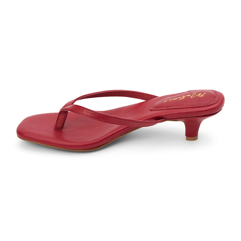 Foster Heeled Sandal - Matisse Footwear - Red leather thong sandals with a square toe, cushioned footbed, and sleek kitten heel. A minimalist yet sophisticated design perfect for effortless day-to-night styling.