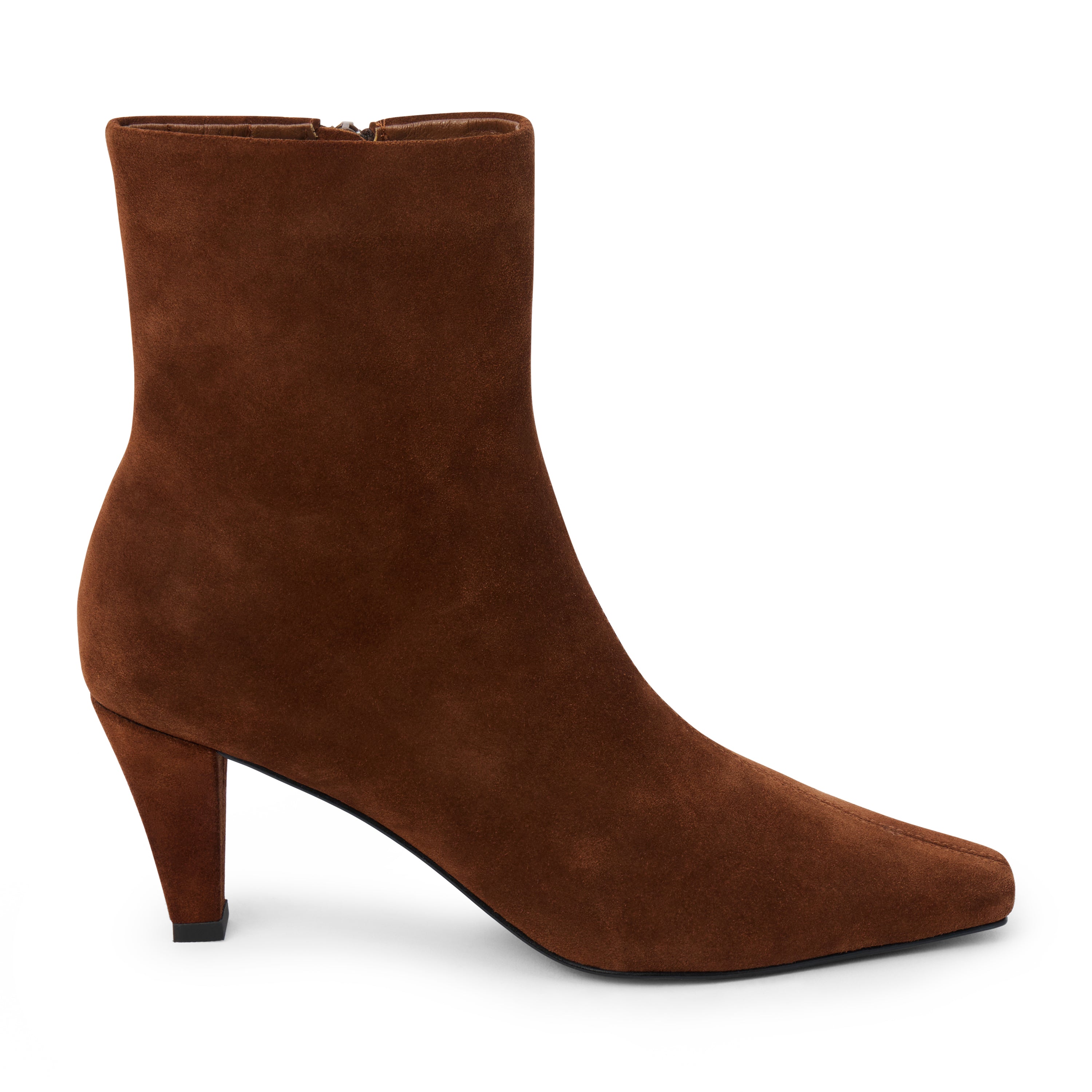 Brown suede ankle boot with a squared toe, slim tapered heel, and minimalist upper shown on a white background.