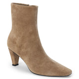 Taupe suede ankle boot with a squared toe, slim tapered heel, and minimalist upper shown on a white background.