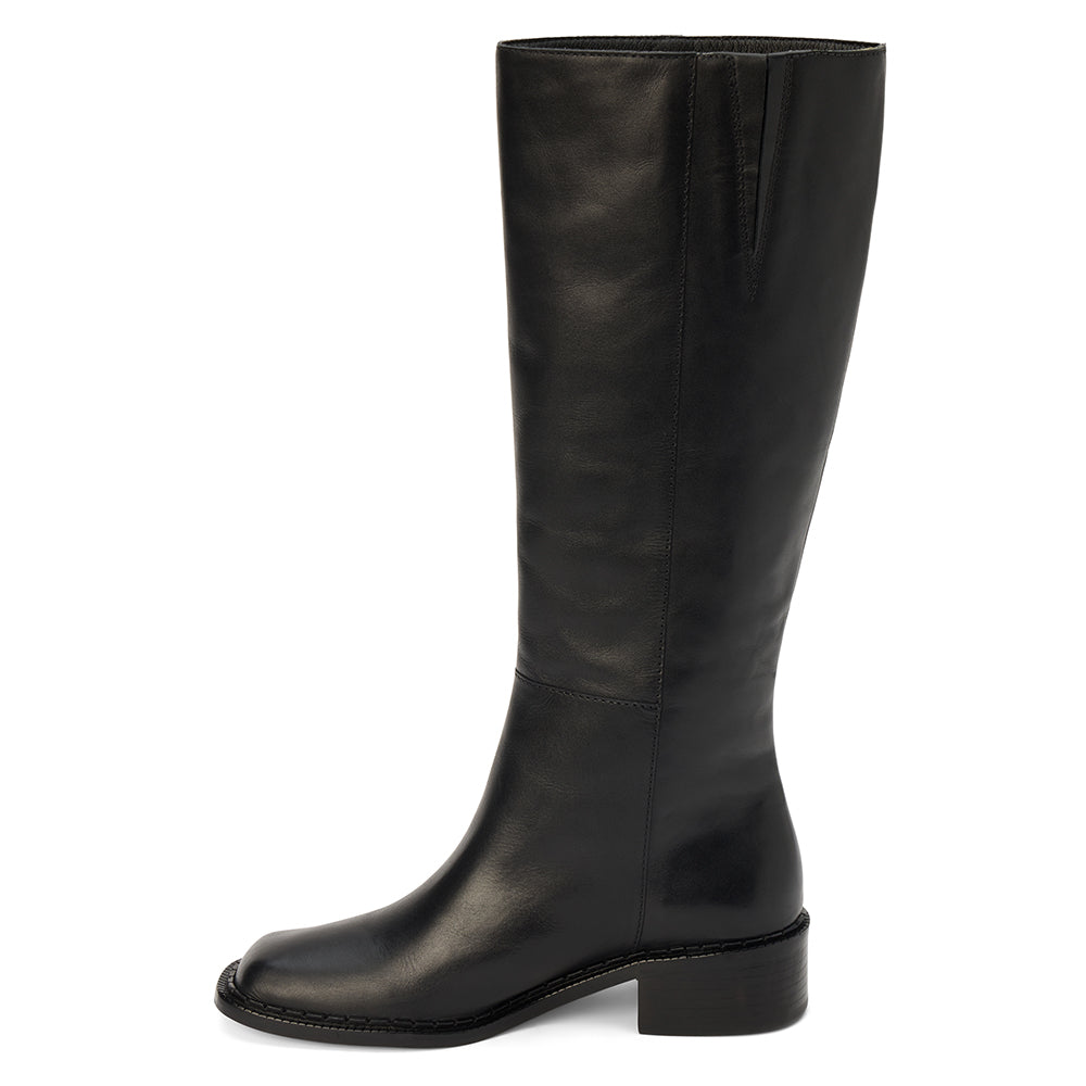 Franklin Knee-High Boot – Matisse Footwear – Smooth black leather knee-high boot with square toe and low stacked heel.