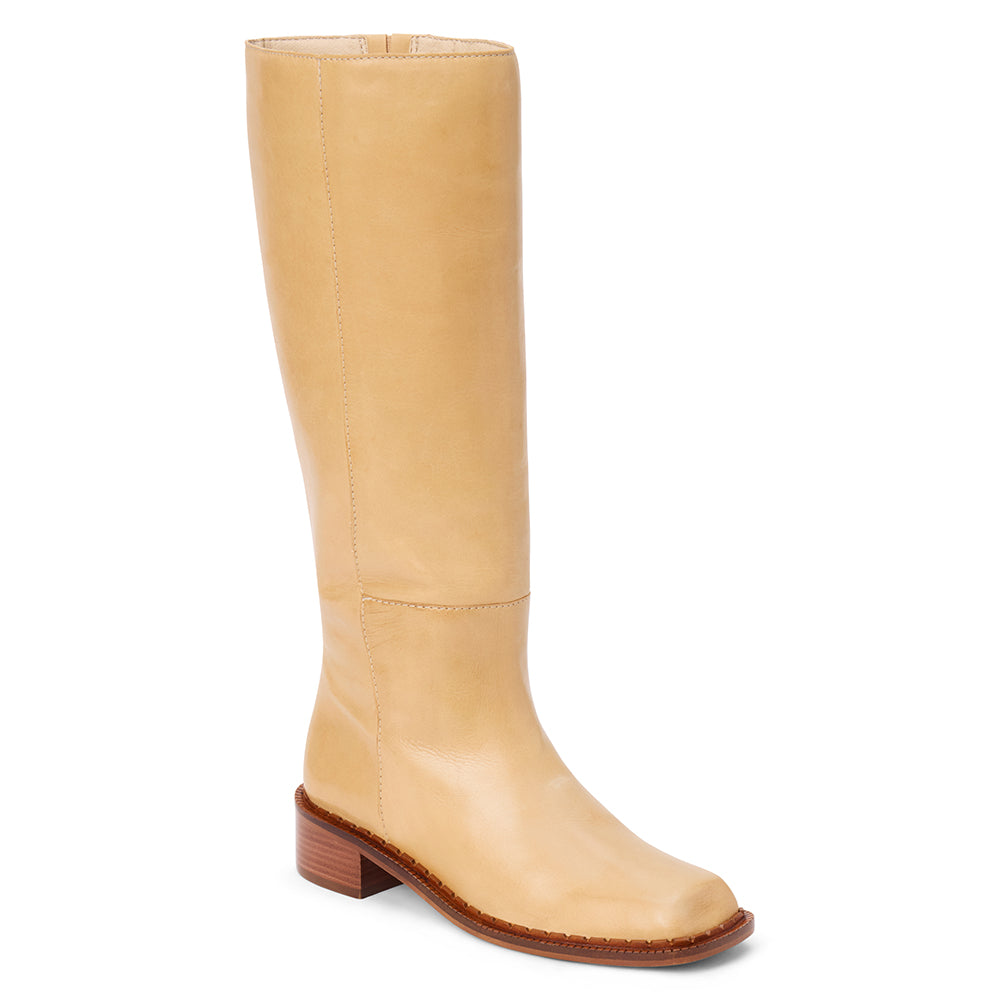 Tan leather knee-high boot with a rounded toe, low block heel, and smooth upper shown on a white background.