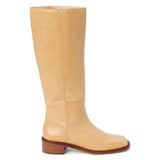 Tan leather knee-high boot with a rounded toe, low block heel, and smooth upper shown on a white background.