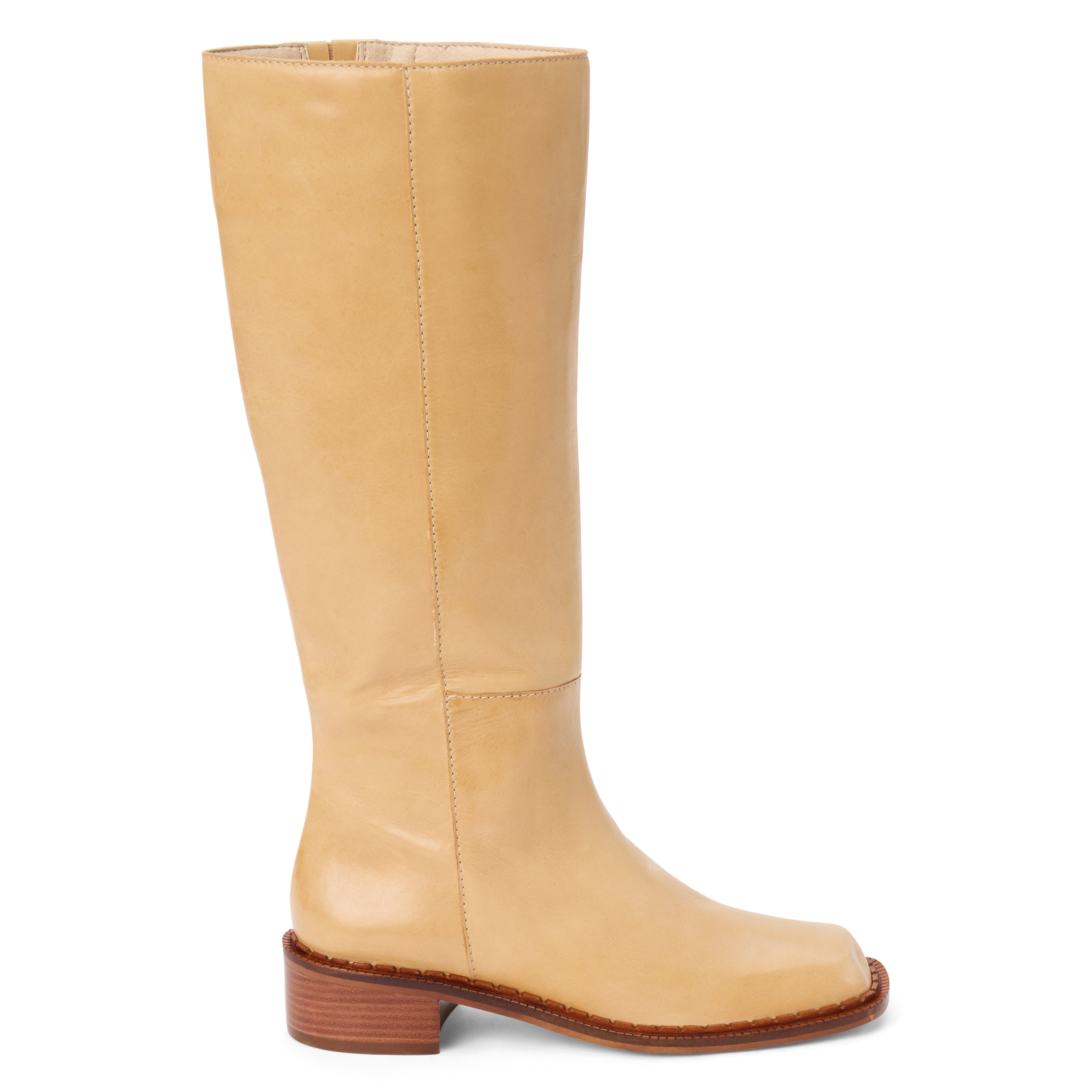 Tan leather knee-high boot with a rounded toe, low block heel, and smooth upper shown on a white background.